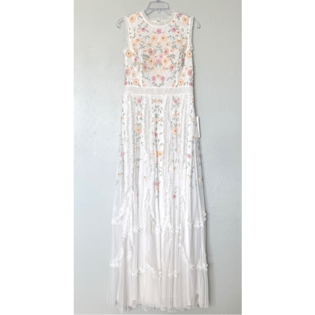 Mac Duggal Ivory Embroidered High Neck Sleeveless Ruffled Gown Size 8